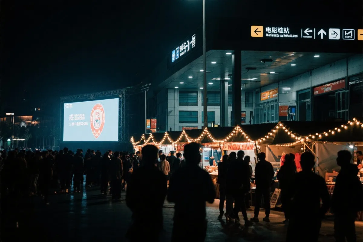 费城球迷广场夜景：大屏观赛人群、步行指示牌与公共交通入口